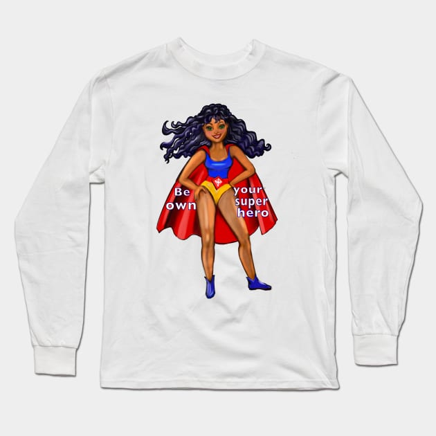 Be your own superhero  - Black anime superhero girl with flowing hair and red cape ! beautiful  black girl with Afro hair, brown eyes, Cherry pink lips and dark brown skin. Hair love ! Long Sleeve T-Shirt by Artonmytee